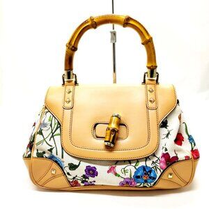 Gucci Hand Bag Bamboo Beige Canvas 720-070325